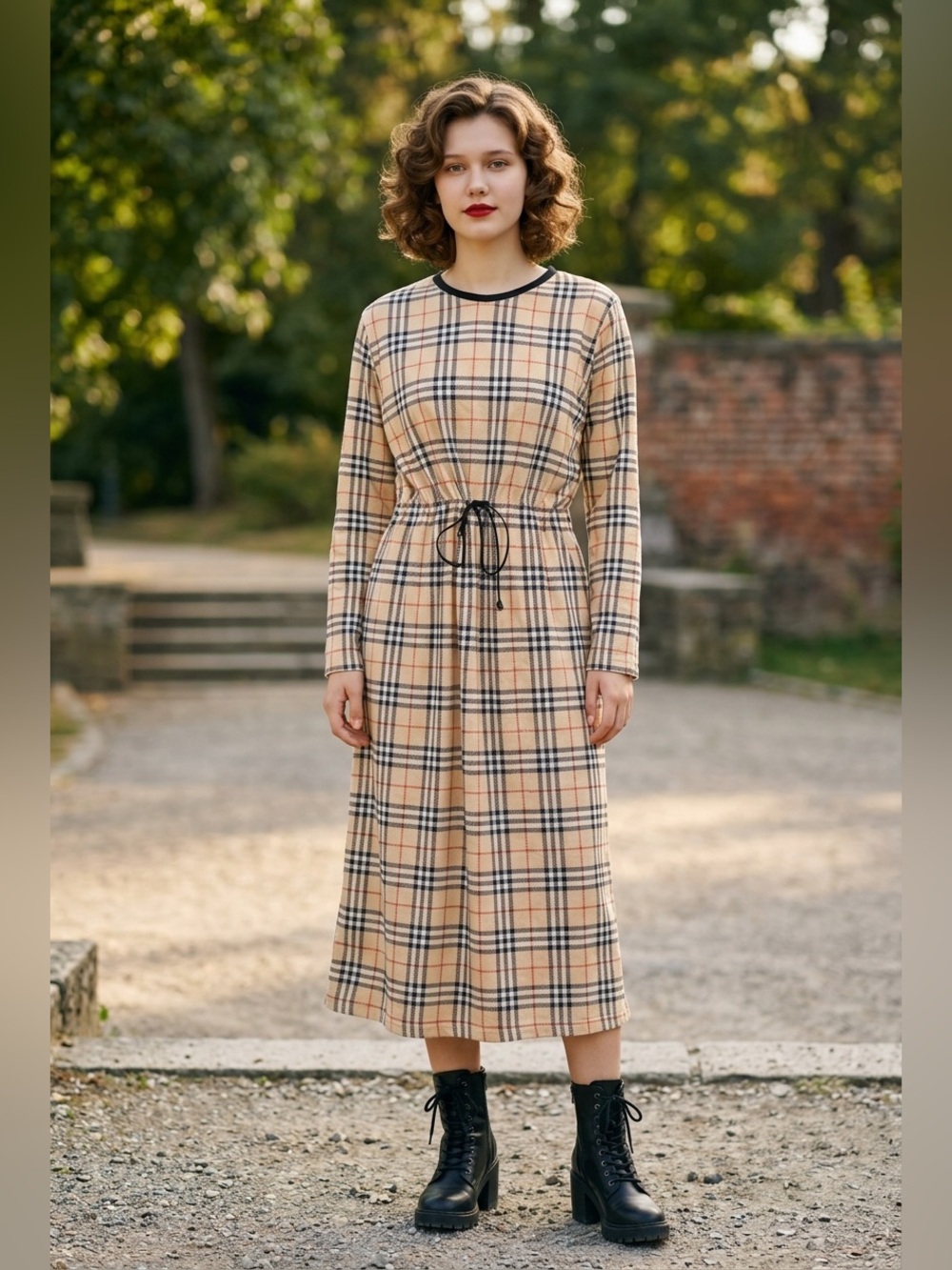 Burberry Beige Plaid Long-Sleeve Midi Dress with Drawstring Waist